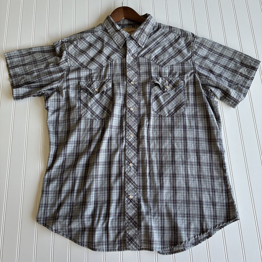 Mens Vintage Wrangler Western Shirt Gray Plaid Short Sleeve Pearl Snap XL GUC